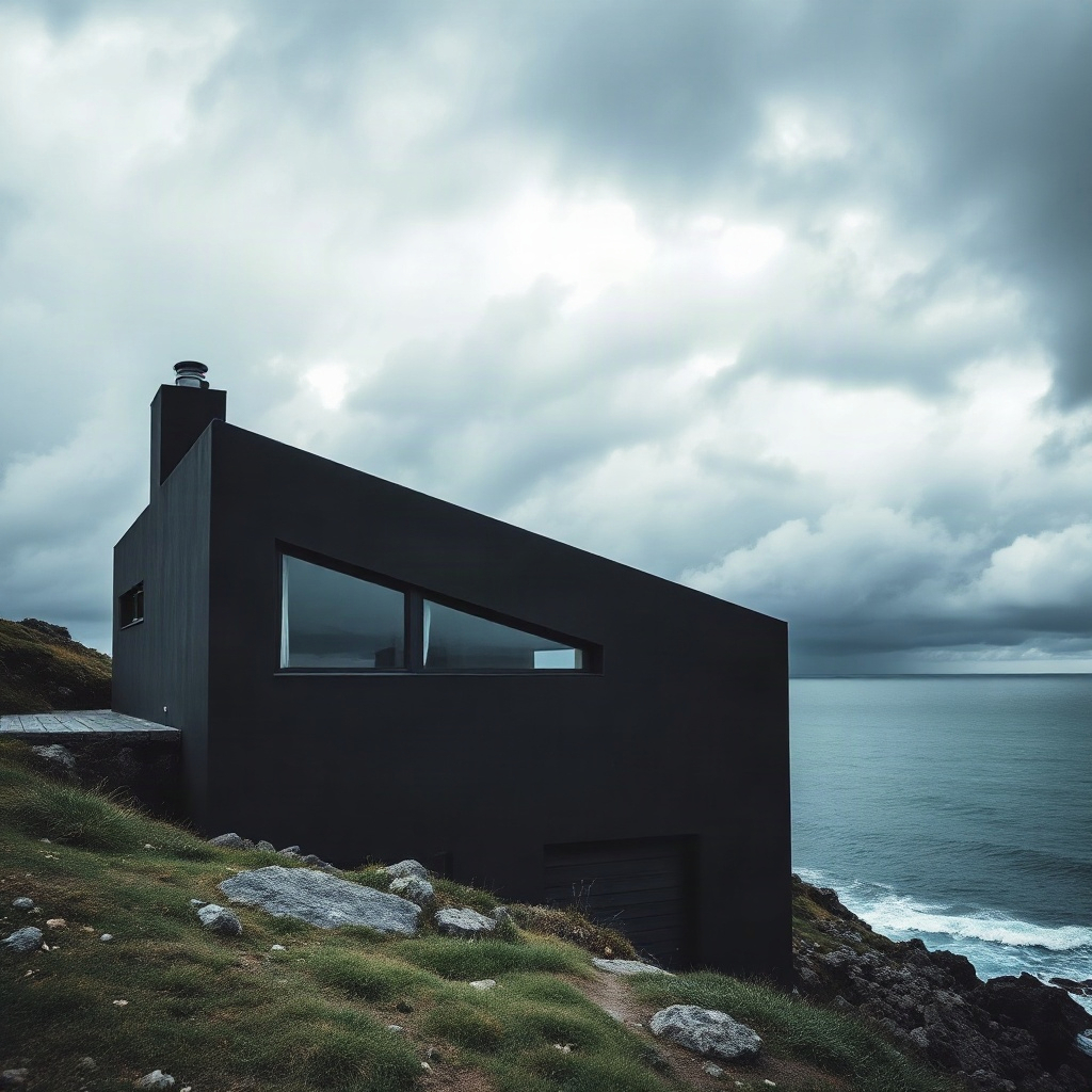 stark modern dark concrete house overlooking the ocean, minimalist windows, dramatic stormy sky, arc