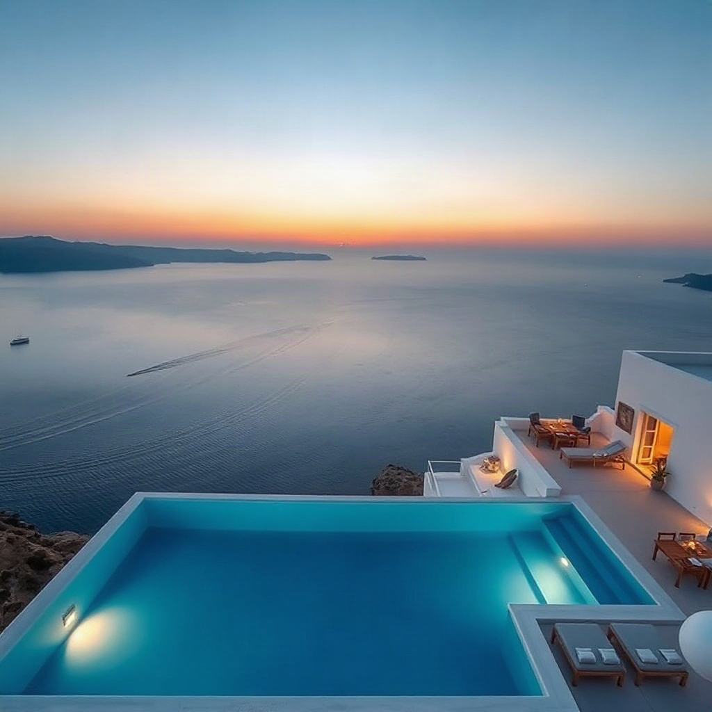 magnificent white cliffside villa in Mykonos, infinity pool blending with the sea, sunset sky, luxur