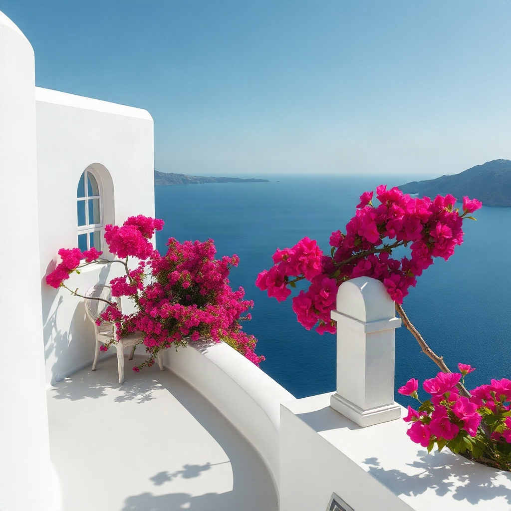 stunning white minimalist luxury villa in Santorini overlooking the deep blue Aegean sea, arched win