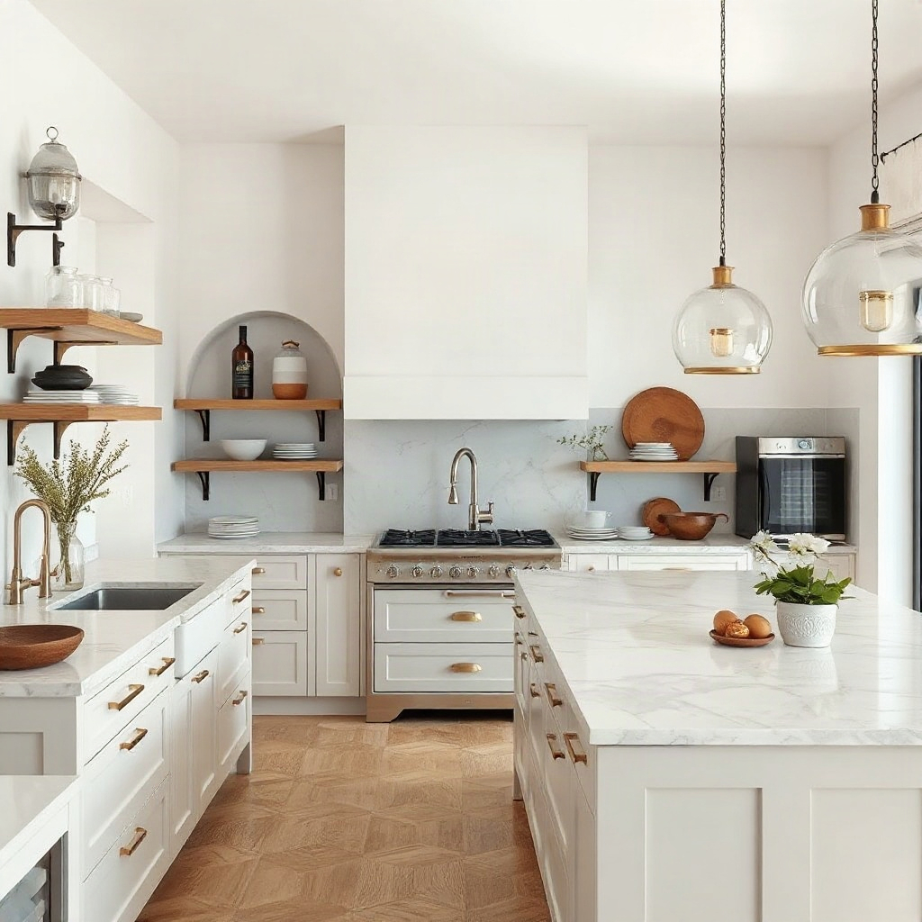 modern luxury kitchen with white lime wash walls, marble counters, open shelves, rustic mediterranea