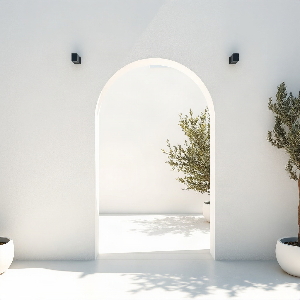 detail of a white arched doorway in a luxury villa, olive tree shadow, bright sun, minimalist medite