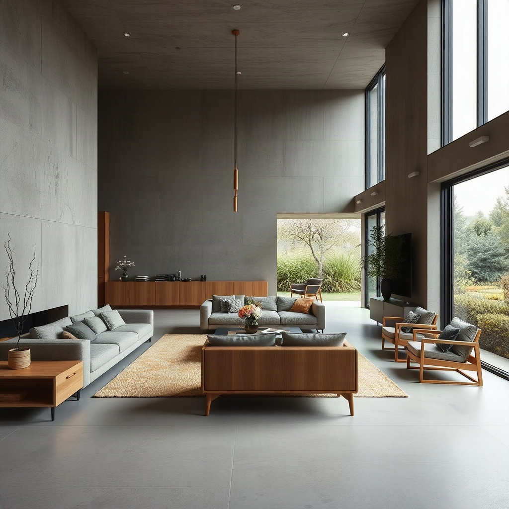 modern minimalist luxury apartment interior, raw concrete walls, warm oak furniture, large windows w