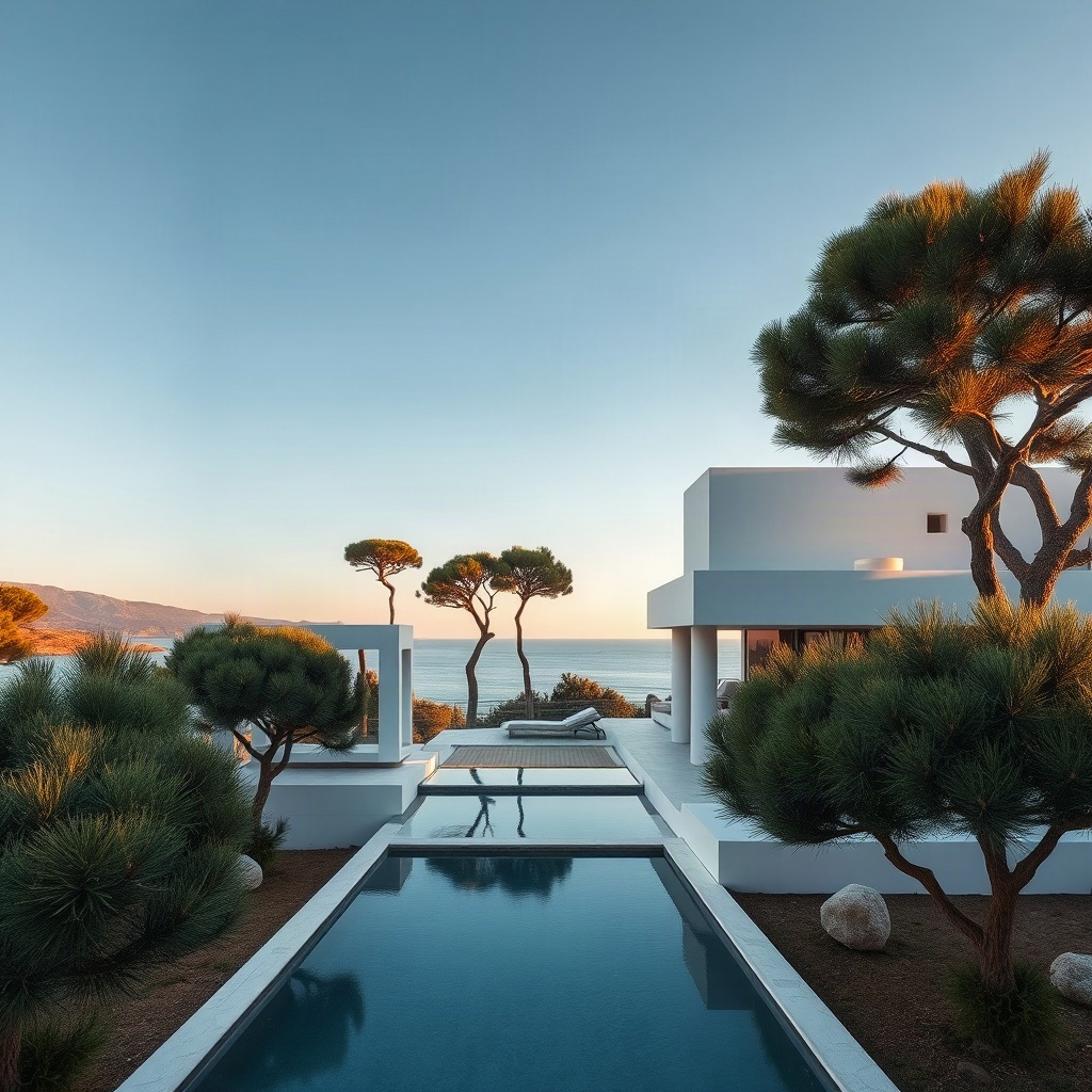 contemporary villa in Ibiza, white cubic volumes, surrounded by pine trees and sea views, golden hou