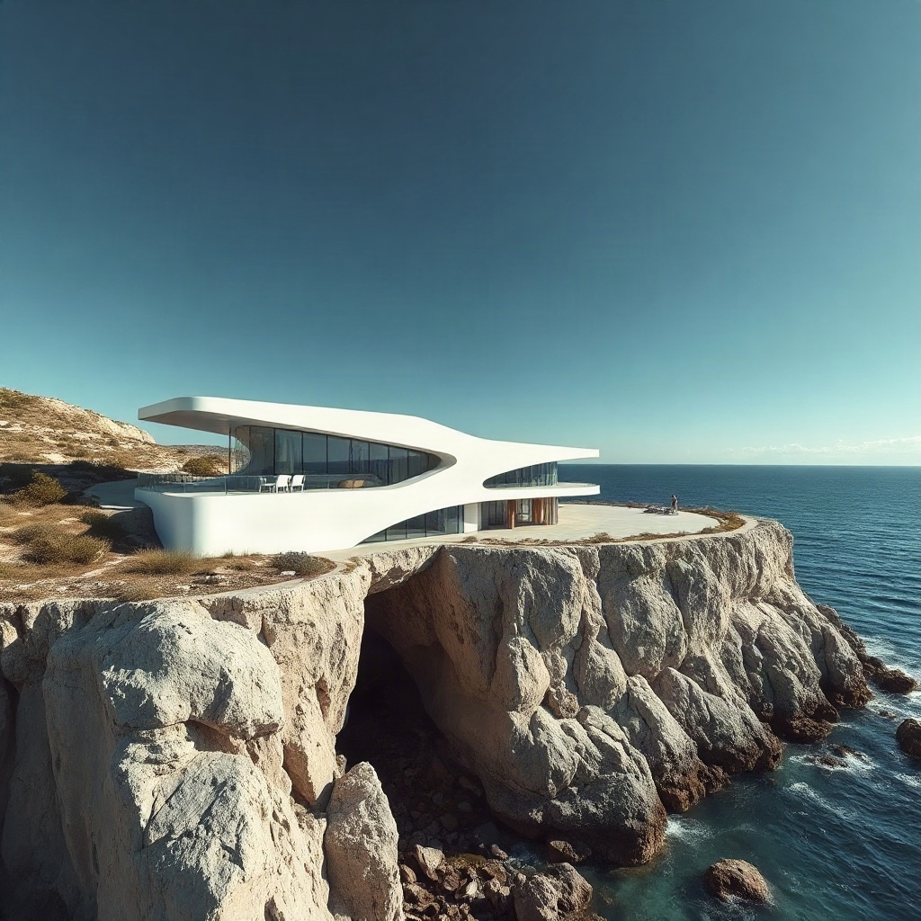 ultra-modern luxury house on a cliff, parametric design, crisp daylight, bright white architecture, 