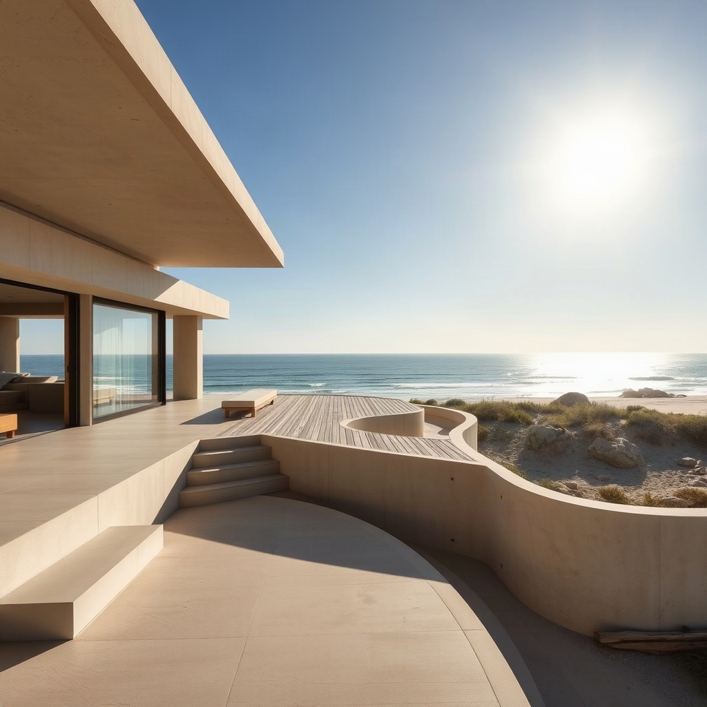 modern minimalist beach house with organic sand-colored concrete, curved wooden decks, sea views, br