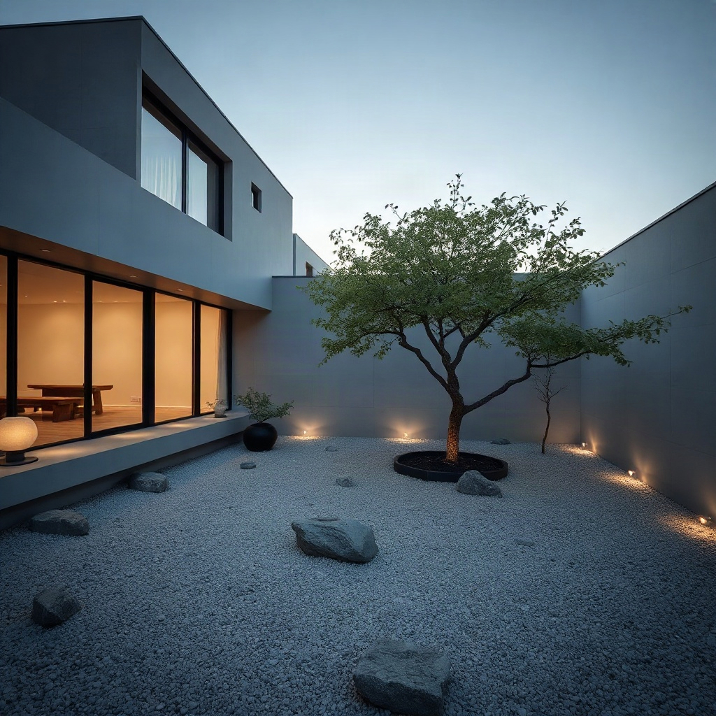 modern minimalist villa with a dry stone garden, karesansui style, clean concrete walls, a single ma
