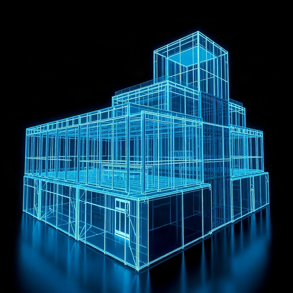 abstract futuristic architectural wireframe with blue and white lines, 3d parametric building model,
