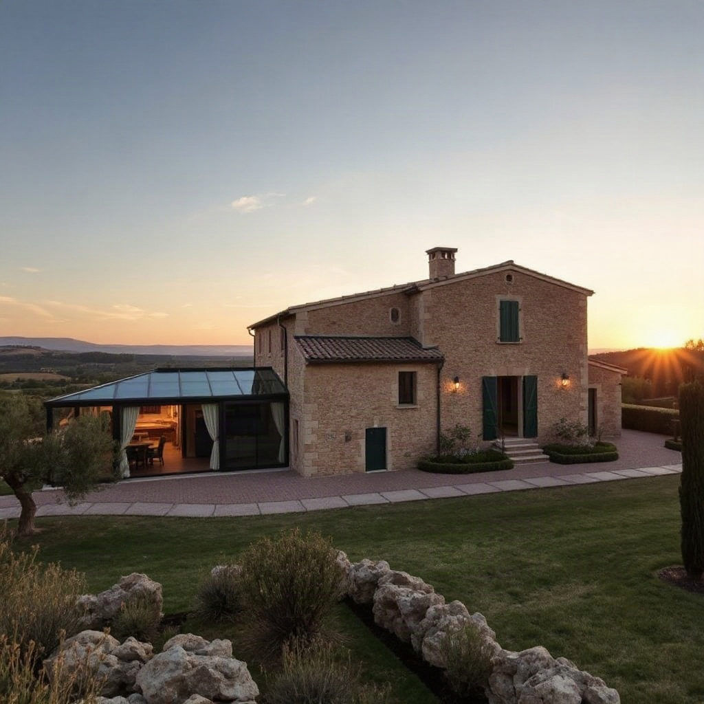 stunning restoration of an old stone farmhouse in Tuscany with modern glass extensions, olive groves
