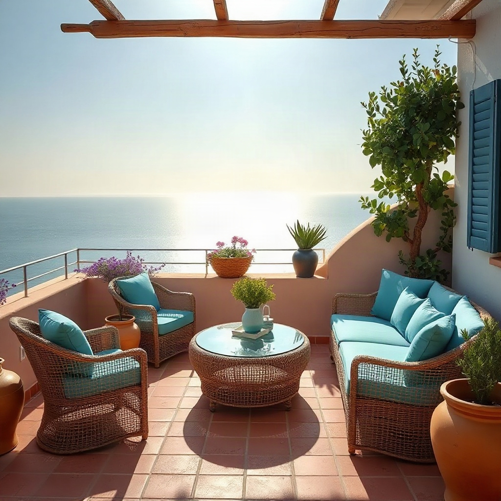 mediterranean terrace with terracotta tiles, azure blue cushions, view of the sea, soft afternoon li