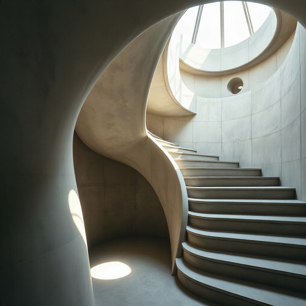 organic architecture detail, curved concrete stairs, natural light hitting the surface
