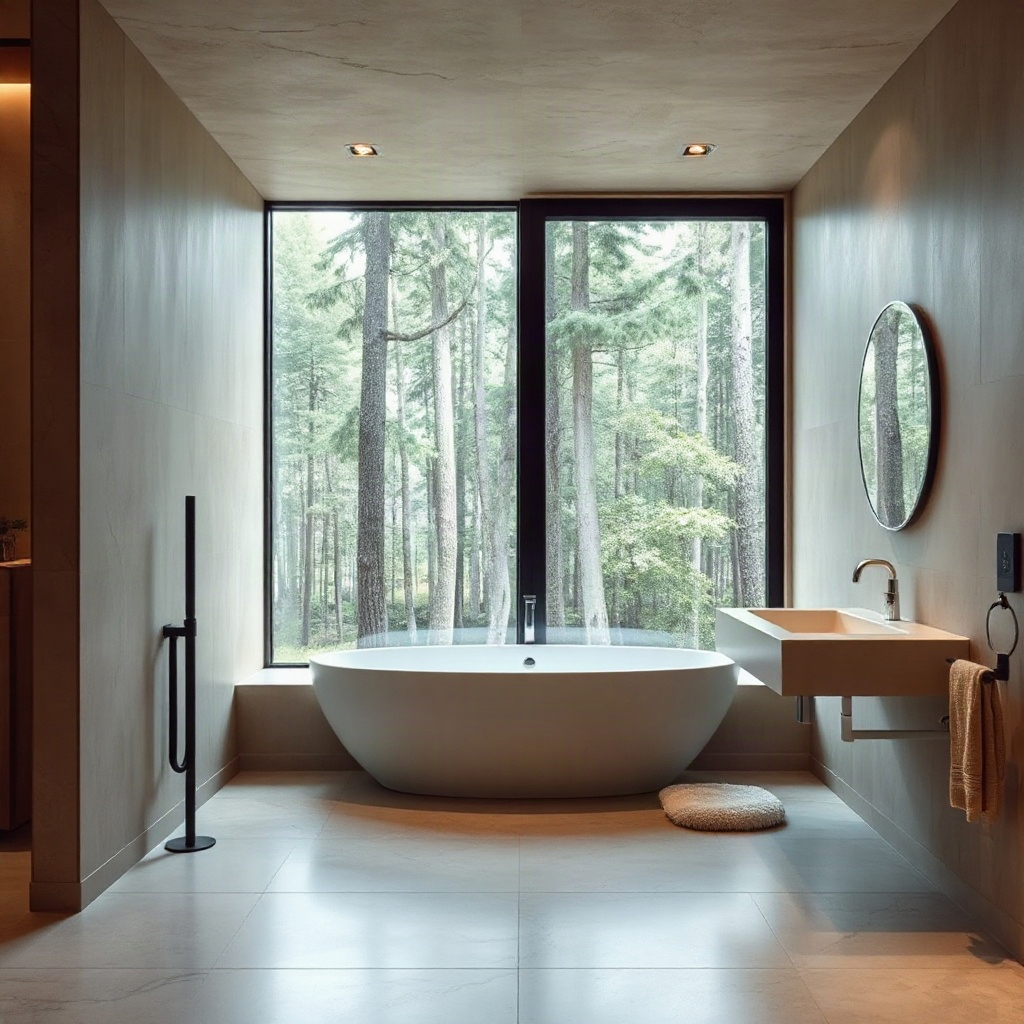 modern bathroom with travertine walls and a view of the forest, minimalist design, luxury retreat st