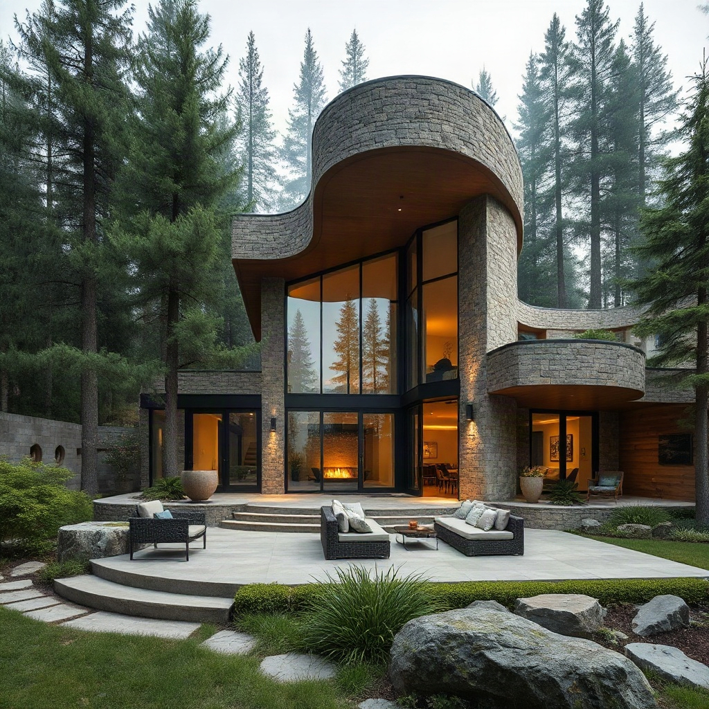 modern luxury earth home nestled in a forest, curved stone walls, massive glass openings, seamless i