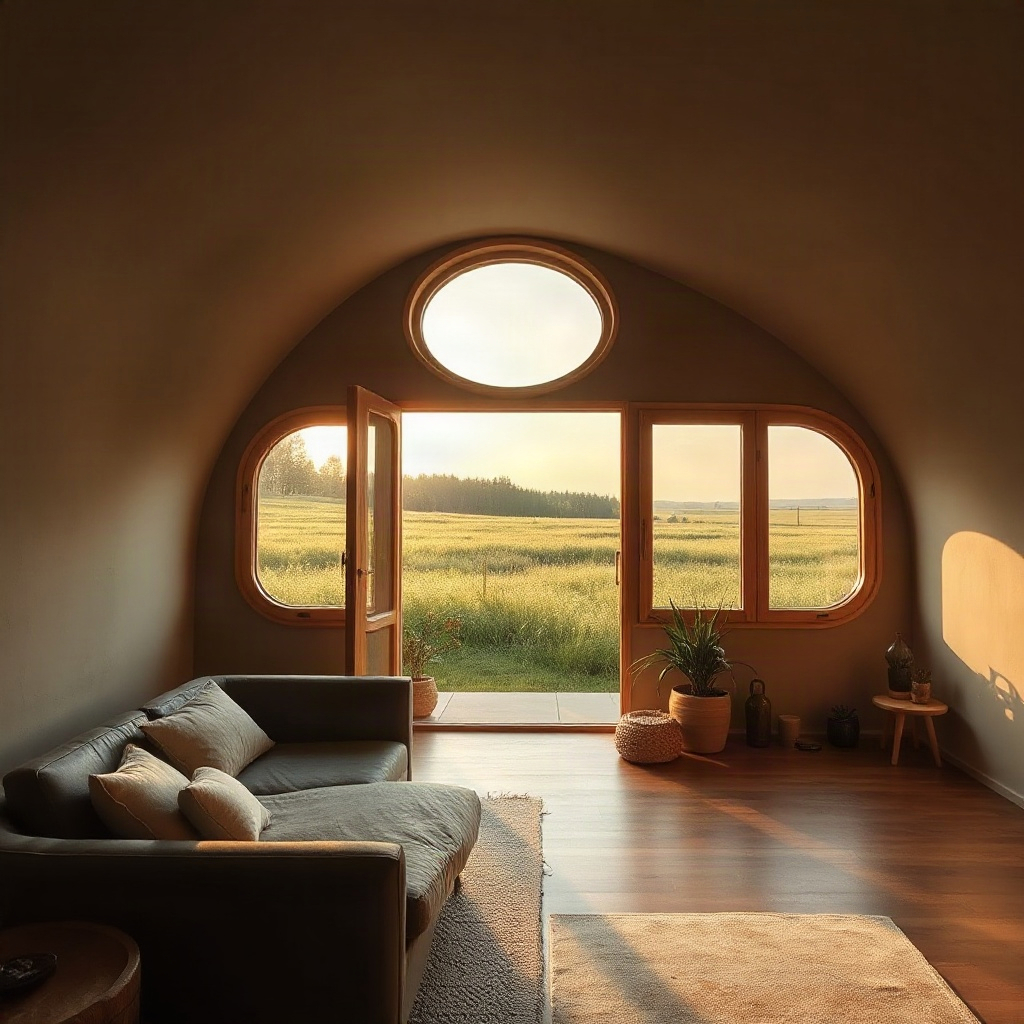 modern organic house architecture with curved walls, natural lime plaster finish, large rounded wind