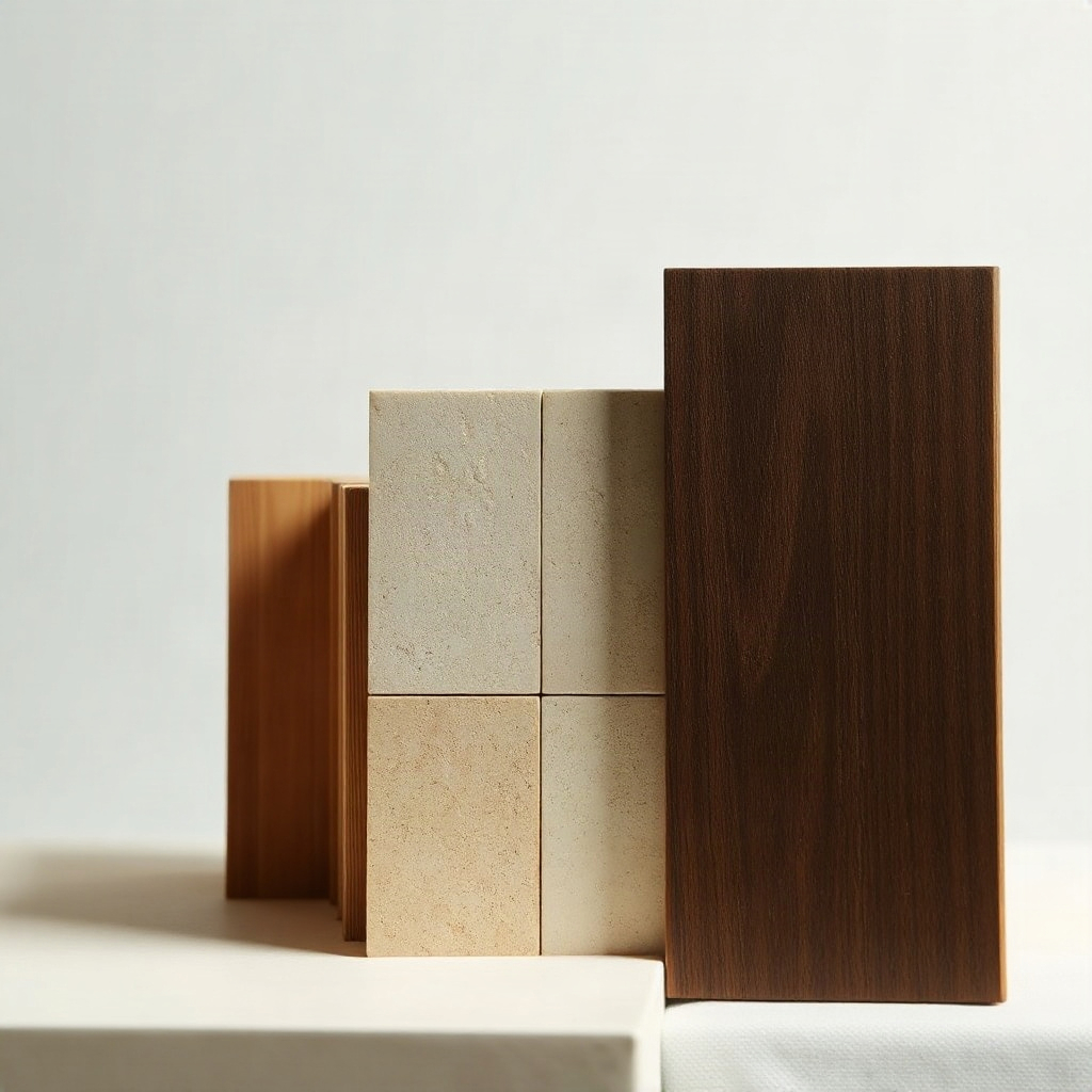 close up of architectural model material samples, travertine stone, dark oak, textured linen, studio