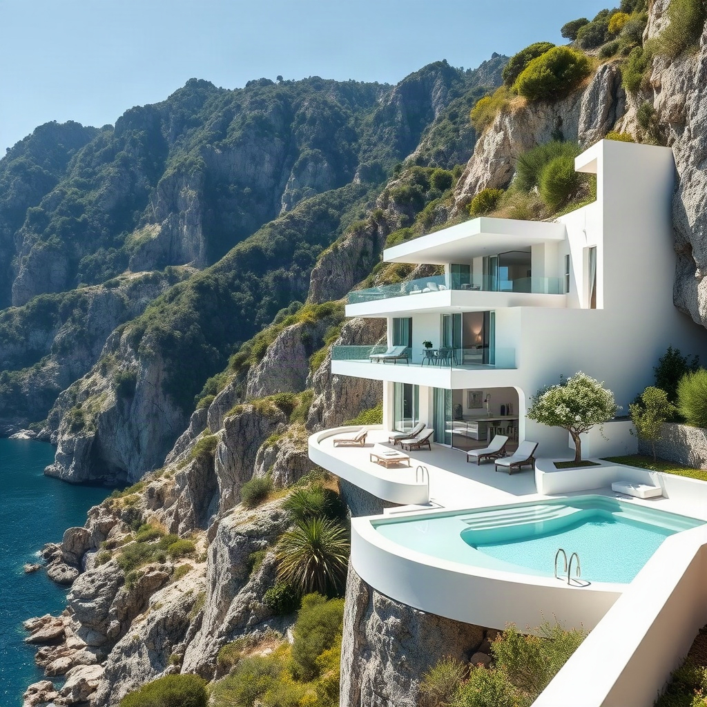 ultra modern white villa on the Amalfi coast, vertical architecture on a cliff, incredible sea views