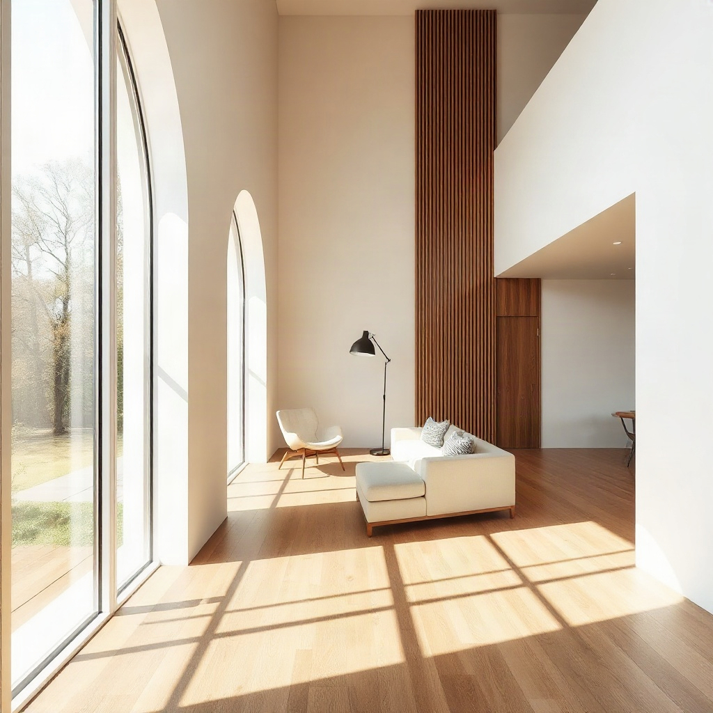 modern minimalist interior with curved archway, natural wood floor, soft sunlight streaming in