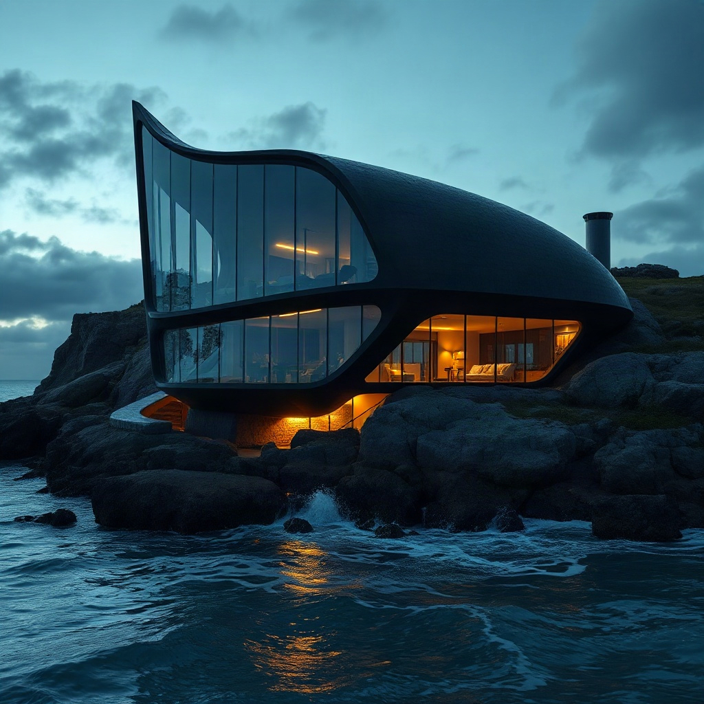 modern glass house on a cliff, parametric design, night time, interior lights glowing blue, rocky oc