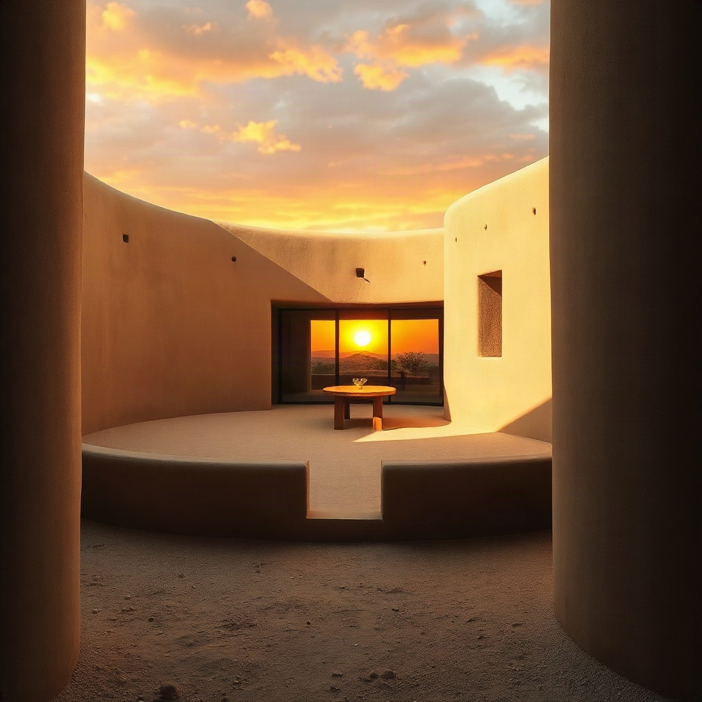 minimalist desert house with rammed earth walls, hidden courtyard, circular architecture, dramatic s