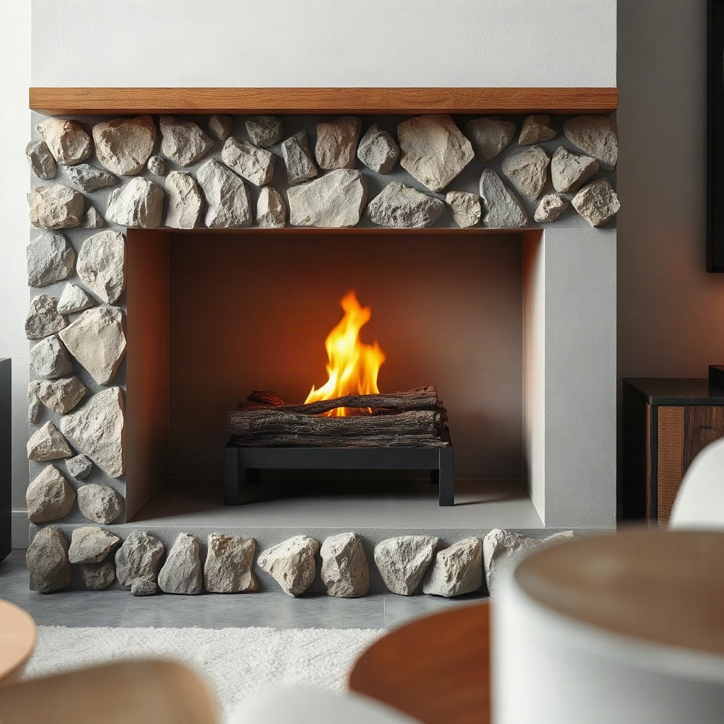 close up of a modern fireplace in a minimalist living room, stone and metal, soft fire light, cozy a
