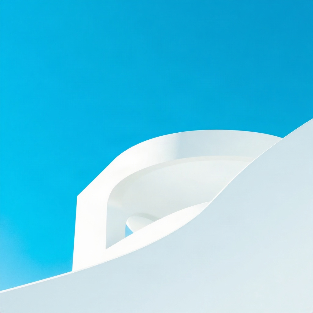 abstract architectural shot of white curved walls and blue sky, high contrast, santorini vibes