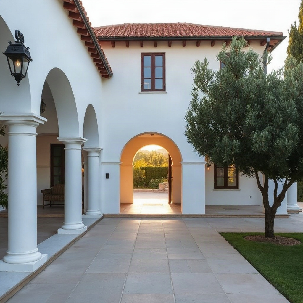 contemporary mediterranean villa with arched colonnades, white lime wash finish, terracotta roof, lu