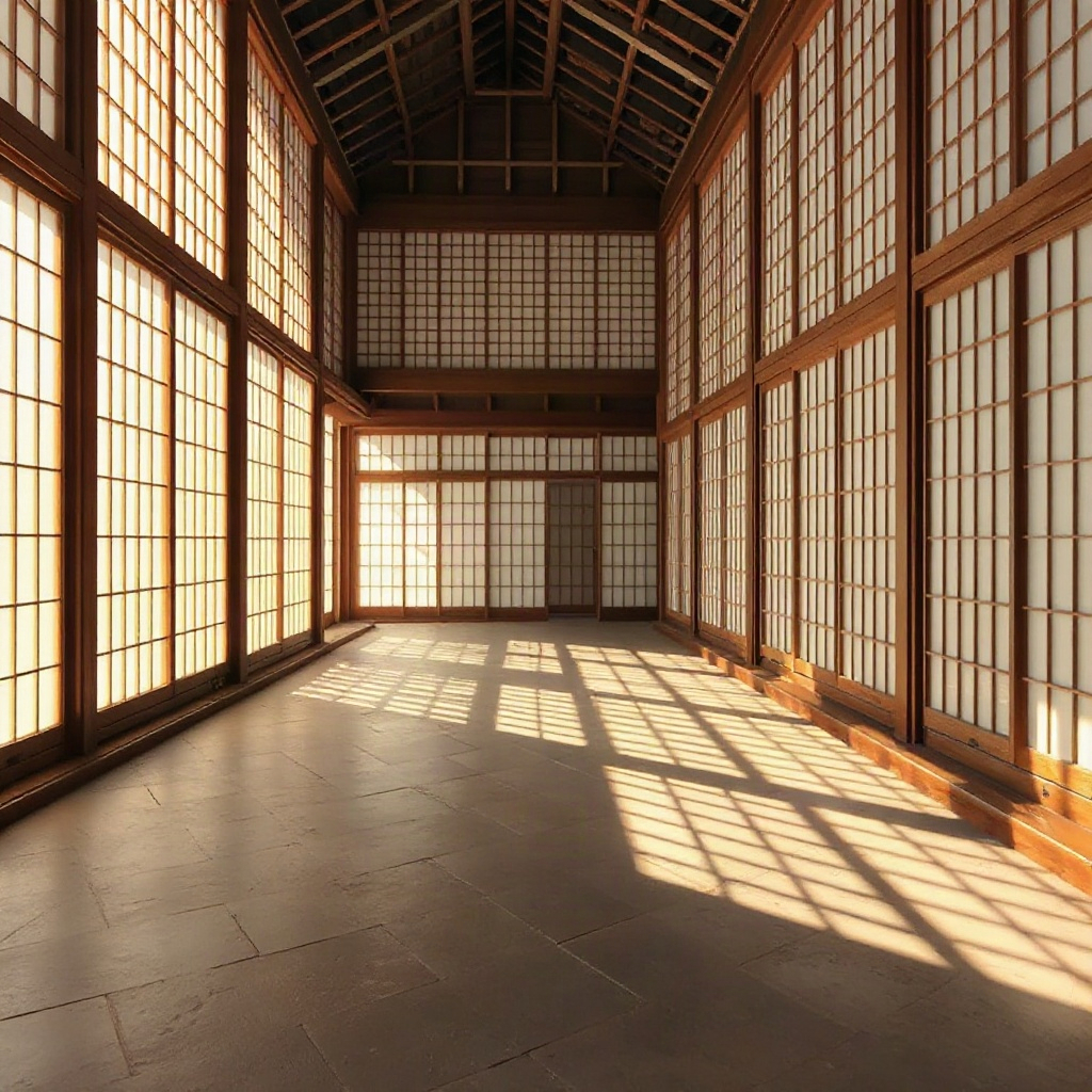 serene japanese minimalist architecture, wooden shoji screen patterns, soft morning light casting be