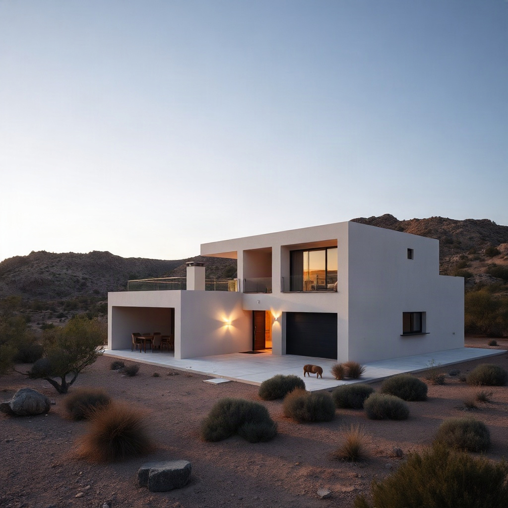modern concrete villa in the desert, minimalist geometry, soft shadows, warm evening light, high-end