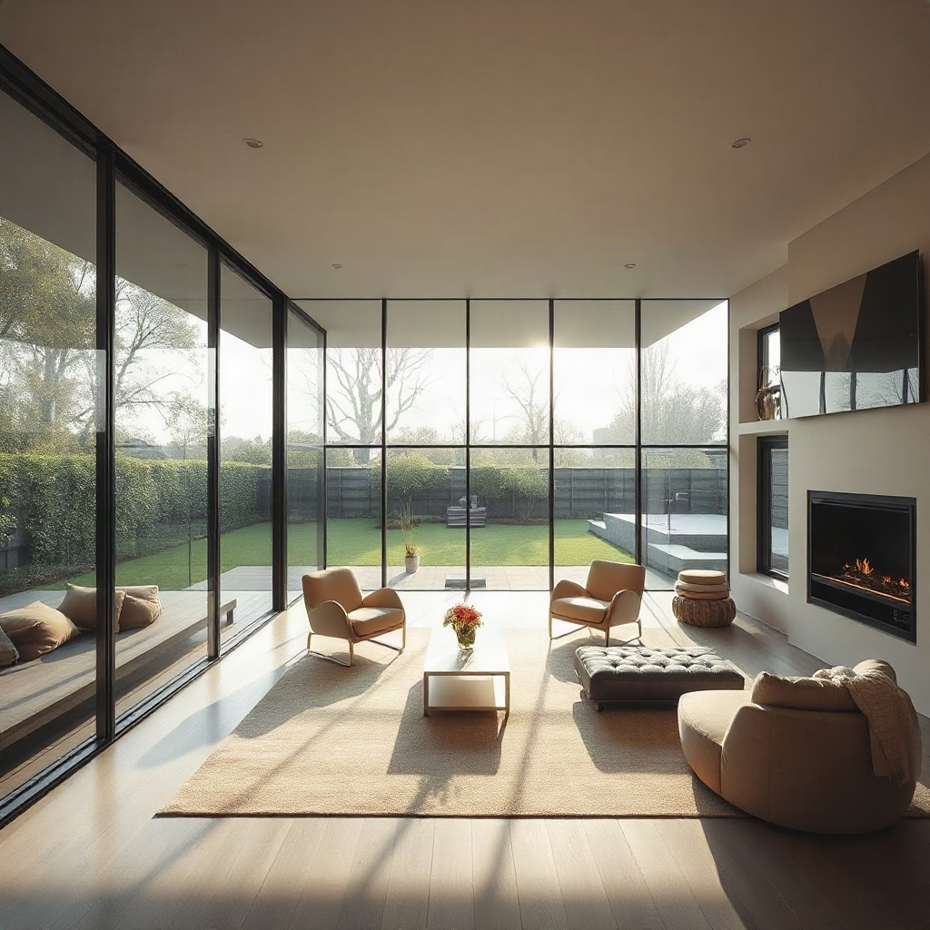 stunning modern home interior with floor-to-ceiling glass walls overlooking a private garden, minima