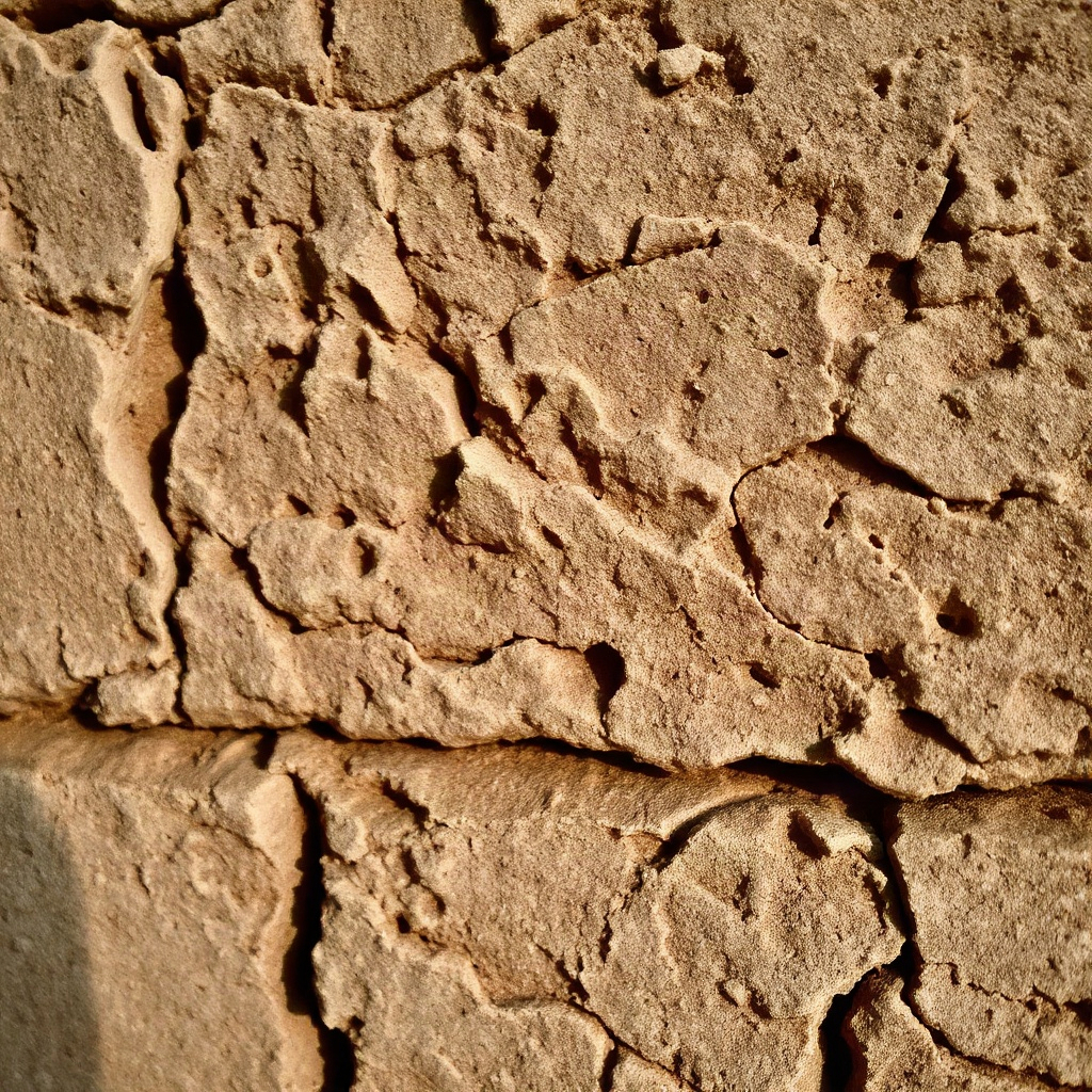 macro shot of rough textured clay wall, natural earth tones, soft shadows