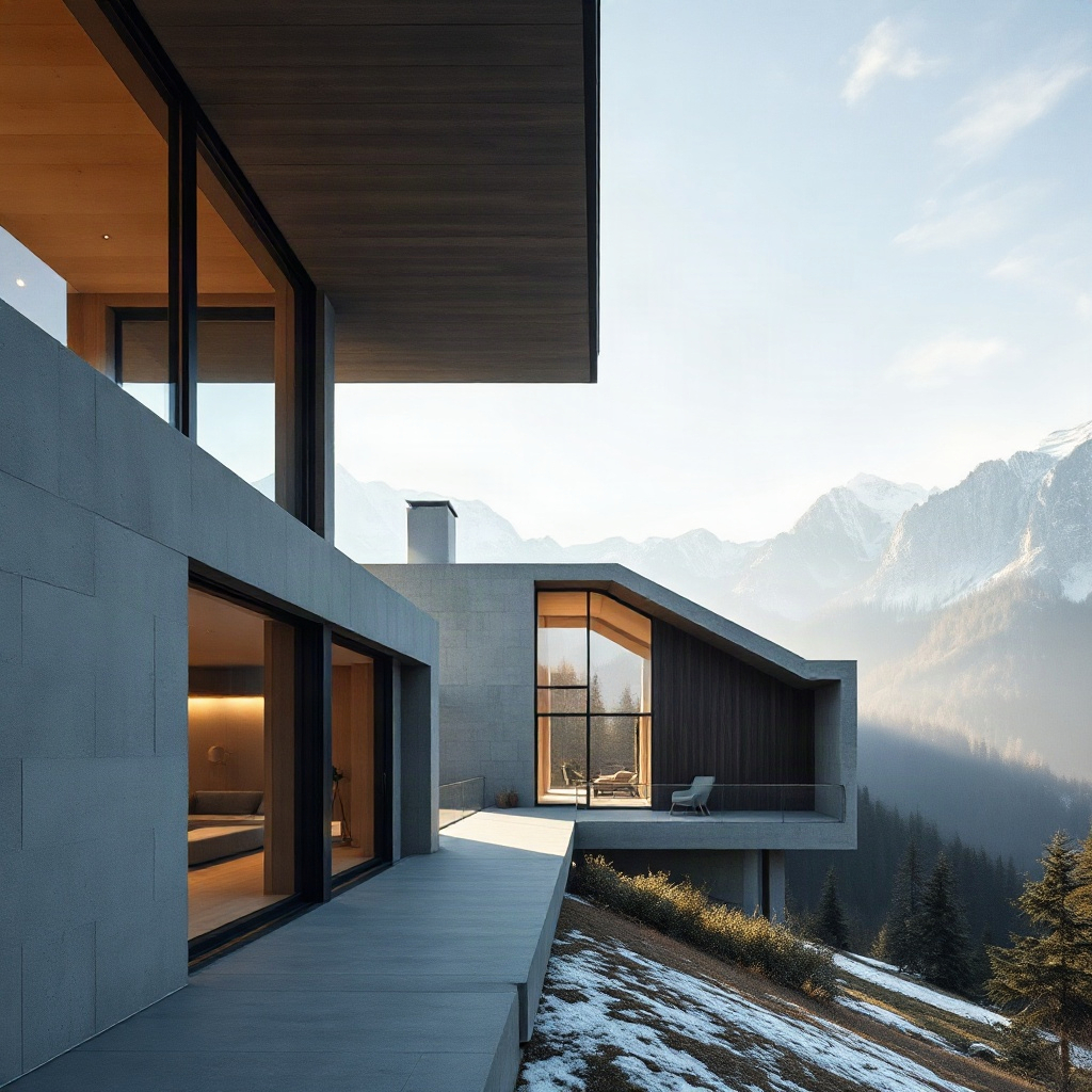 breathtaking modern minimal house architecture in the swiss alps, soft morning light, snow-capped mo